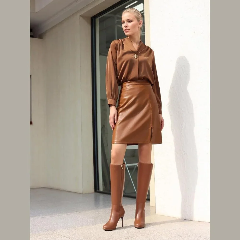 🆕Women's Brown Rubber Stiletto Knee High Boots Platform Side Zipper Long Boots